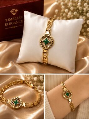 Gold Bracelet with Green Enamel Accent